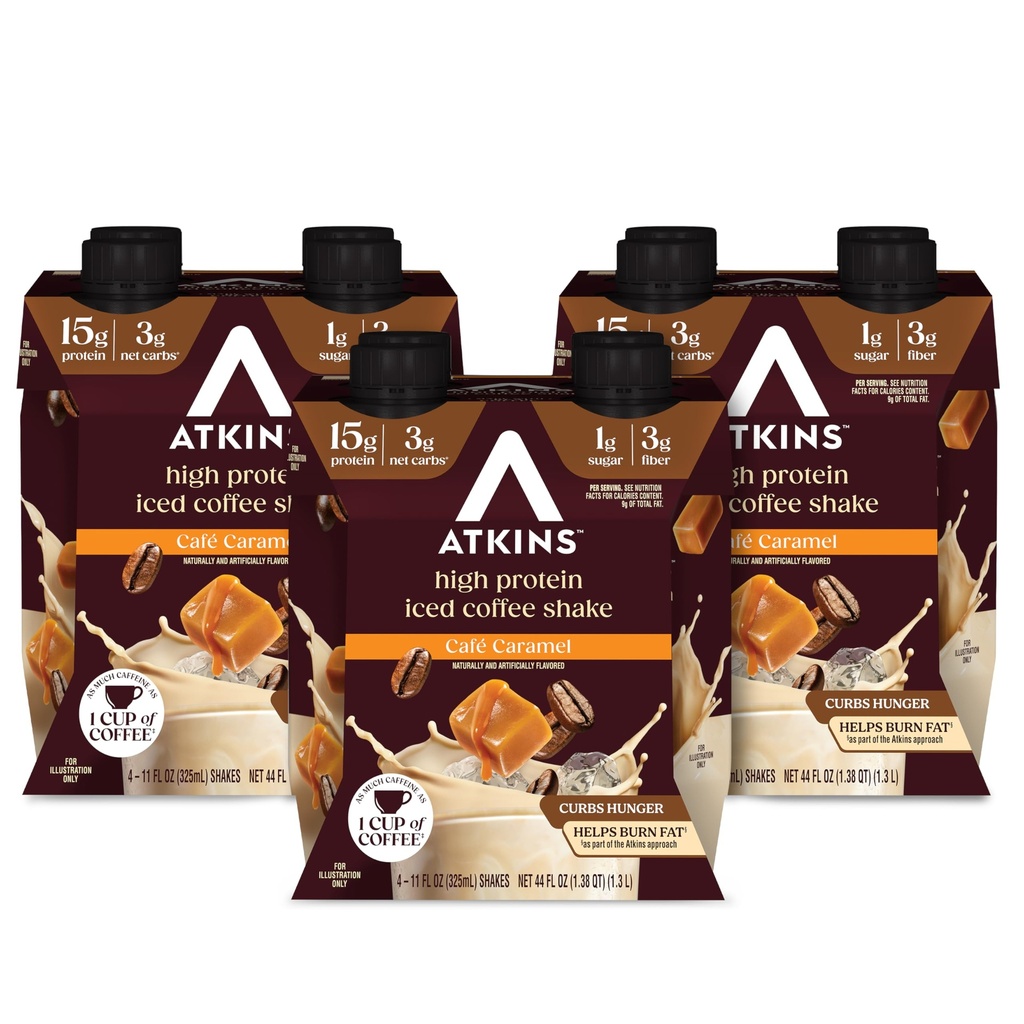 Atkins Café Caramel Iced Coffee Arvored Protein Shake, High Protein Shake, faible glycémie, faible teneur en glucides et faible teneur en sucre, Keto Friendly, sans gluten, 12 Compte