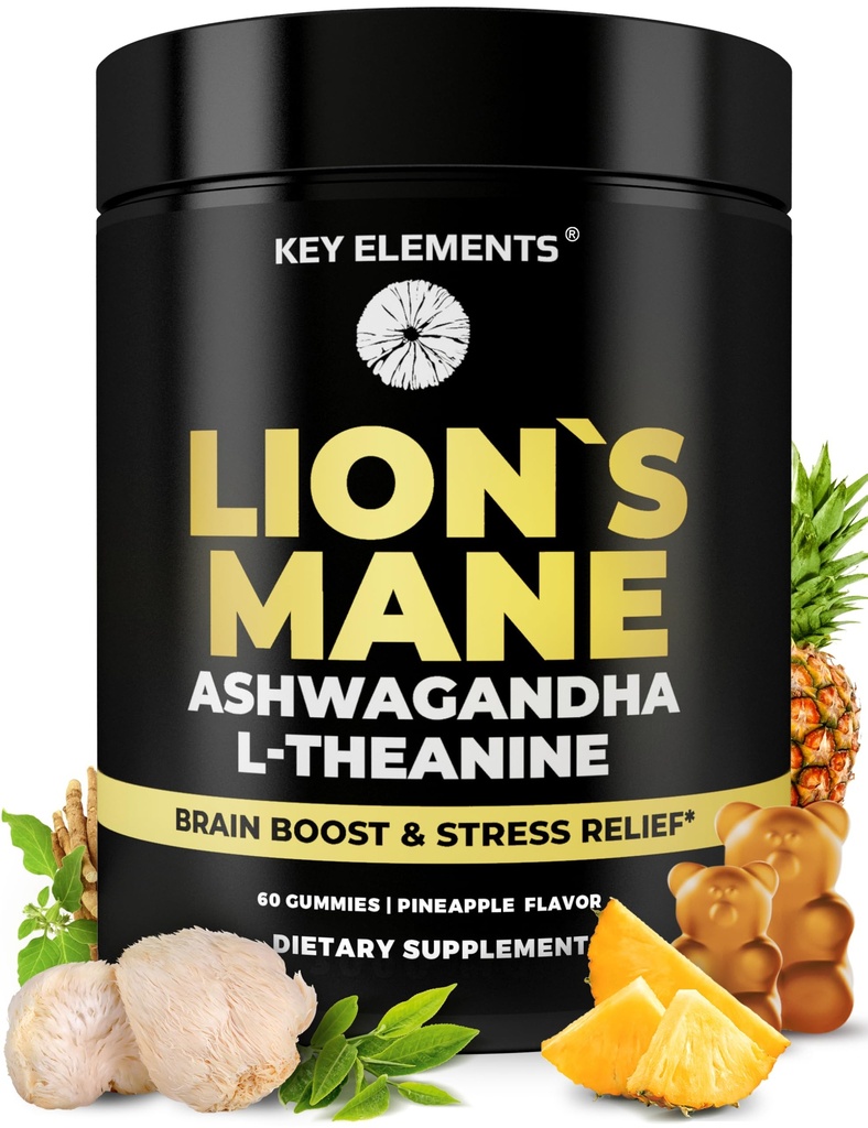 High Strength Extract Organic Lion's Mane Mushroom Gummies with Ashwagandha & L-Theanine - Potent Lion's Mane Brain Supplements for Memory & Relaxation - Mushroom Gummies for Focus