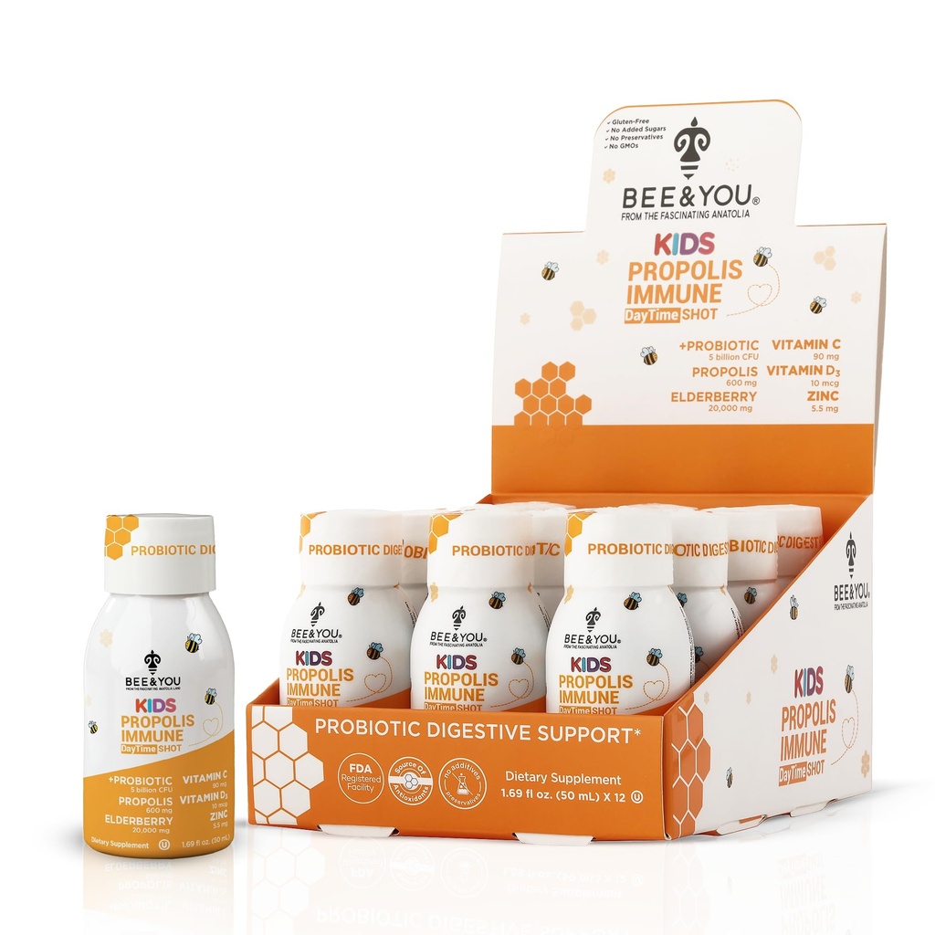 Biene und Sie Kinder Propolis Immune Day Time Shot - Probiotic, Vitamin C, Vitamin D3, Zink, Immununterstützung, Gut Health, Verdauungsgesundheit, 1.69 Fl. oz, 12 Pack