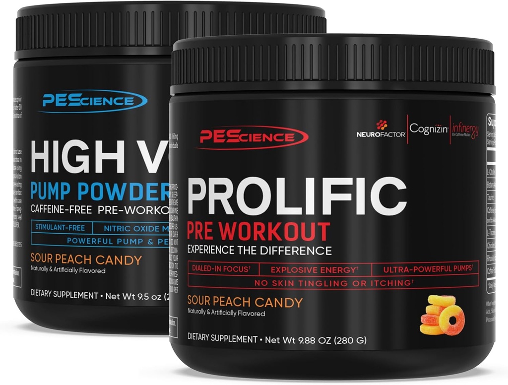 Poêle de pré-entraînement PEScience – Prolifique et grand volume, Candy de pêche aigre, Booster à oxyde nitrique – 40 et 36 scoops, Nitrate d'arginine, L Citrulline, poudre de pré-entraînement pour hommes et femmes