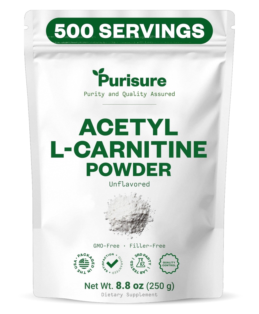 Reinheit Acetyl L-Carnitin-Pulver, 250g, ALCAR-Pulver, Aminosäure-Ergänzung, Acetyl L-Carnitin-Ergänzung für bessere kognitive Leistung und Muskelausdauer, Glutenfrei, Non-GMO, 500 Portionen