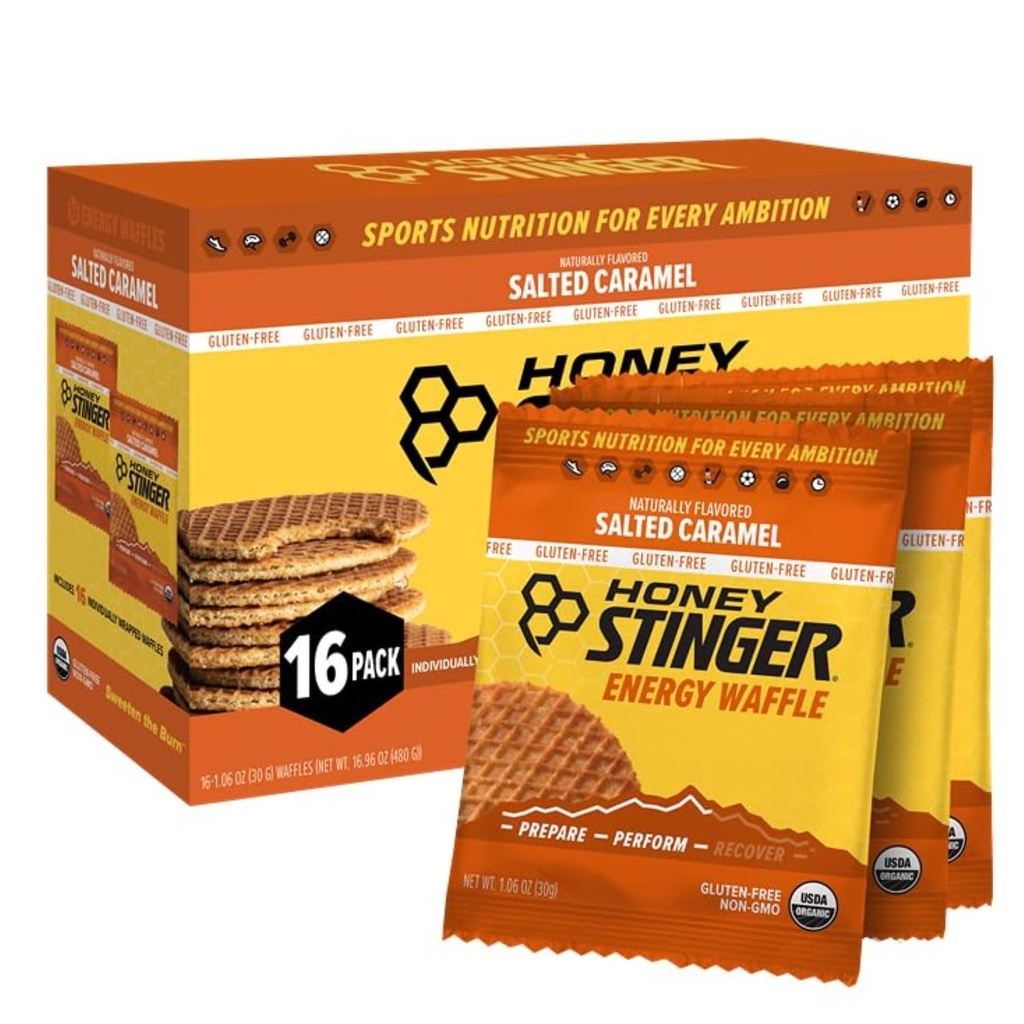 Honey Stinger Organic Gluten Free Salted Caramel Waffel, Energy Stroopwafel für Übung, Ausdauer und Leistung, Sporternährung für Heim & Gym, Pre & Post Workout, Box von 16 Waffeln, 16.96 Oz