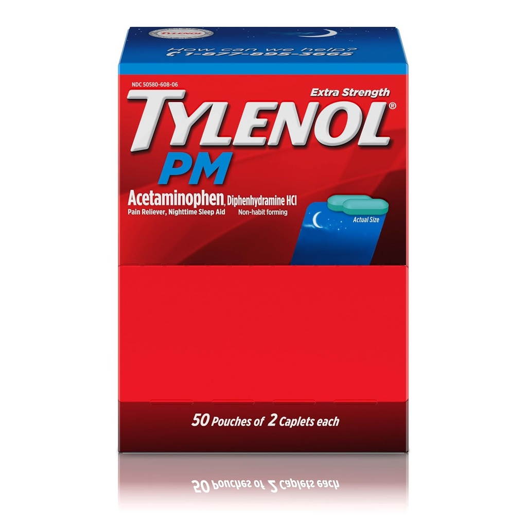 Tylenol PM Extra Strength Nighttime Pain Reliever Schlafhilfe Caplets mit Acetaminophen & Diphenhydramine HCl, Relief für Nacht Erfolge & Schmerzen, Reisegröße, 50 Packungen von 2 Caplets