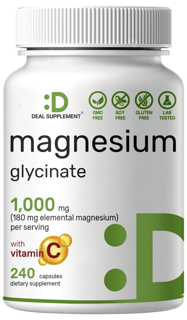 Magnesium Glycinat 500mg pro Kapsel (1000mg pro Servierung) Plus Vitamin C, 240 Kapseln – 100% für einfache Absorption – essentielle Mineralergänzung