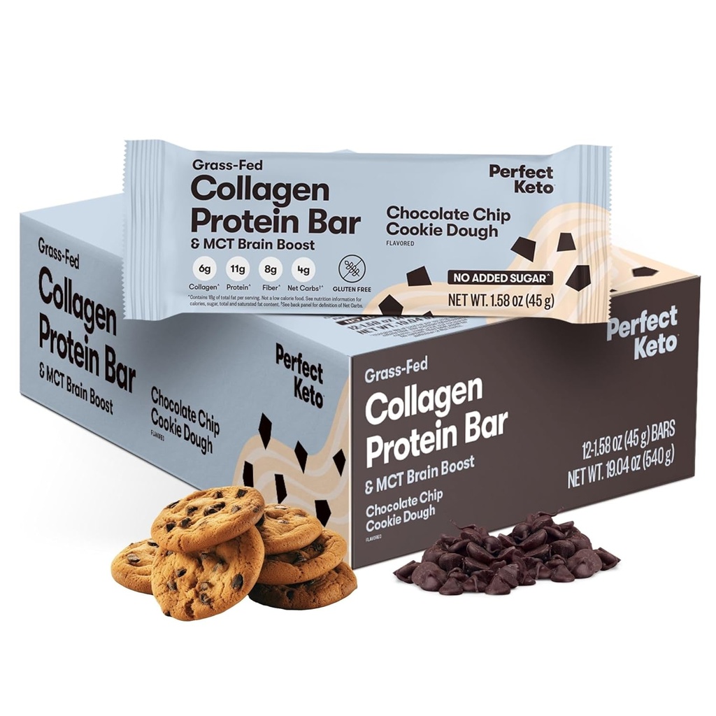Perfekte Collagen Protein Bars, Glutenfreies Gras Fed Collagen + MCT Öl, Low Carb, No Sugar Hinzugefügt, High Protein Snacks, Keto Diät-Lebensmittel, 11g Protein, 18g Fett, 3g Net Carbs, Chocolate Chip, 12 Bars