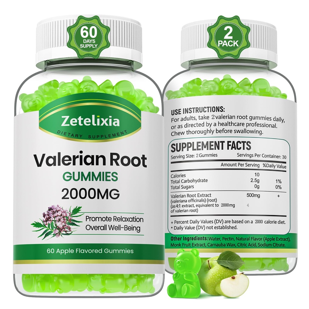 2 Pack Bio Valerian Root Gummis, Kräuter-Ergänzung für Entspannung & Stimmungsunterstützung, Schlafgummis ohne Melatonin für Erwachsene, Vegan, Non-GMO, Apple Flavor, 120 Count