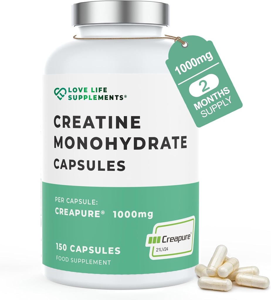 Love Life Supplements Creapure® Creatine Monohydrate, 150 Kapseln, 1 Gramm pro Kapsel (nicht Pulver oder Tabletten), 30-50 Servierungen, für Muskelaufbau, Stärke und Leistung, 3. Partei getestet