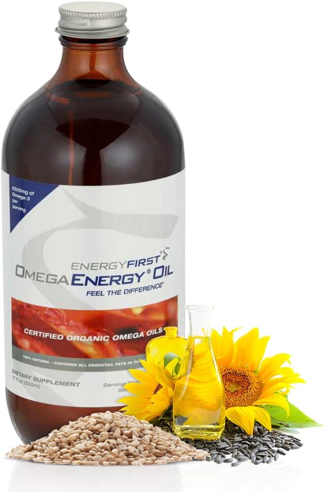 EnergyFirst Omega Energy Oil - Omega 3 & 6 Supplement mit Flaxseed, Sonnenblume, Sesam & Kürbis Öl, Vegan Antioxidant & 12oz