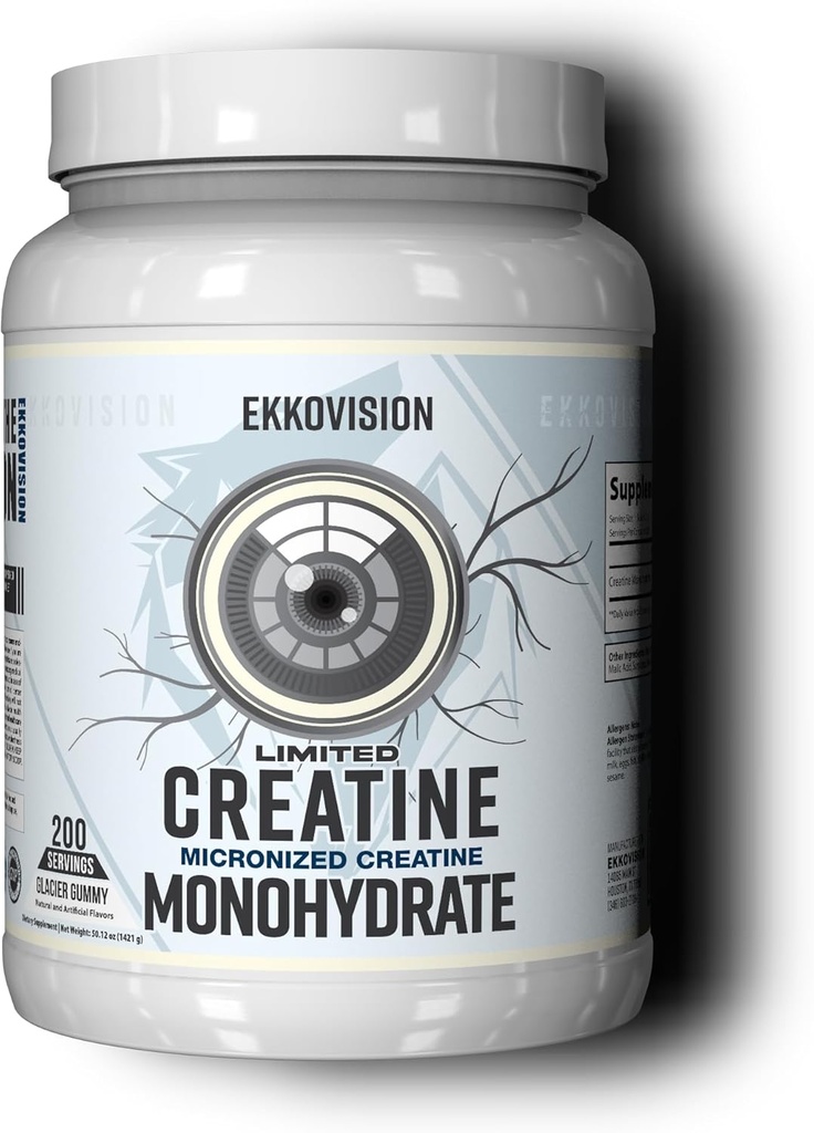 Ekkovision Kreatin Monohydrat-Pulver, Micronized, Glacier Gummy, Pre Workout & Post Workout-Ergänzung für Männer & Frauen, Energie-Unterstützung, einfach in Shakes, Smoothies & Getränke, 200 Servierungen zu mischen