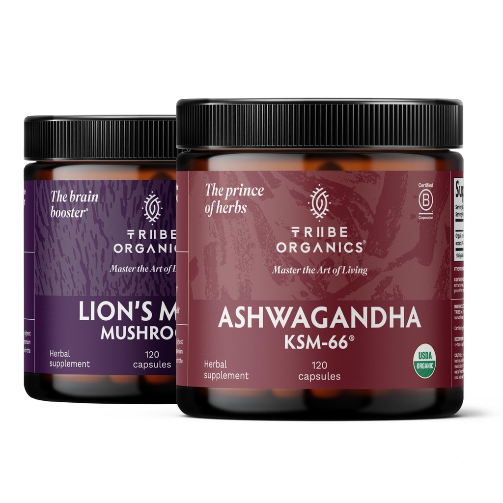TRIBE ORGANICS NOOTROPIC Duo - KSM66 Ashwagandha + Bio Lion's Mane - Beyond Focus, Mind Awareness and Mind Health
