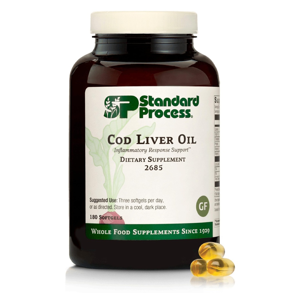 Huile de foie de morue de procédé standard - Aide la peau saine et les yeux avec les acides gras oméga-3 et les vitamines A et D - Soutien de la santé des os et des dents - Sans gluten, sans lait et sans soie - 180 Softgels (60 portions)
