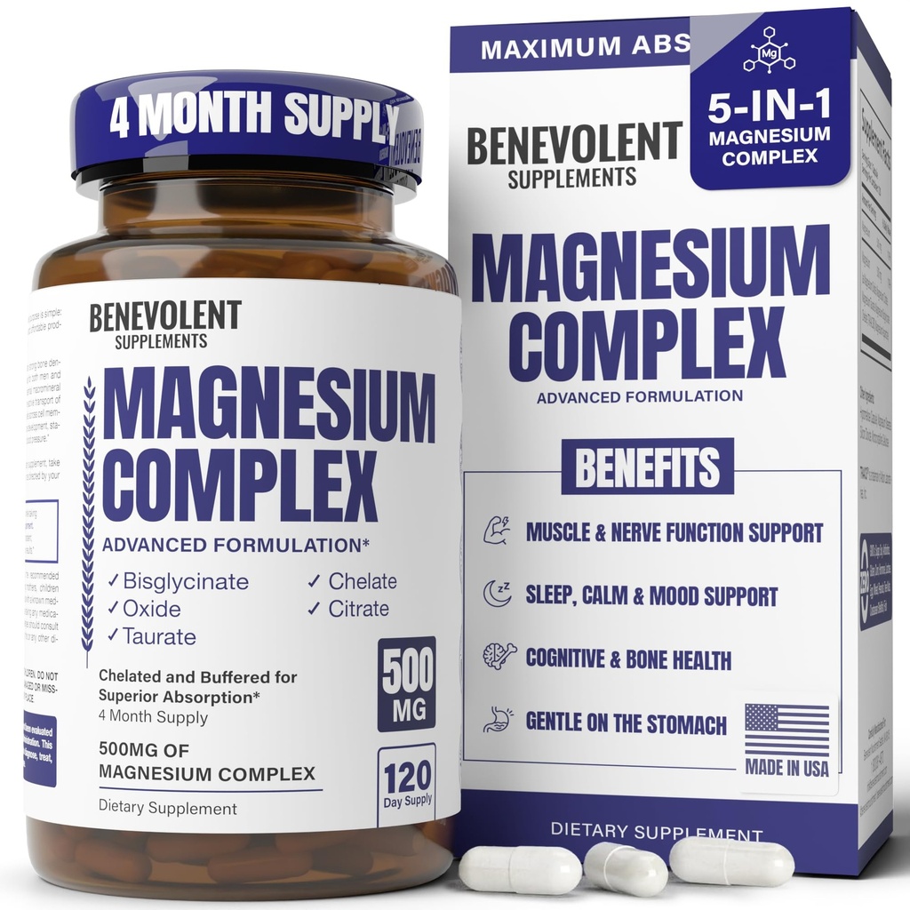 Supplément complexe de magnésium, 4 mois d'approvisionnement de 500mg 5-en-1 Bisglycinate, Oxyde, Taurate, Aspartate, Citrate, Max Absorption Supplément de magnésium pour calme, Sleep & Jambe Crampes, 120 Capsule