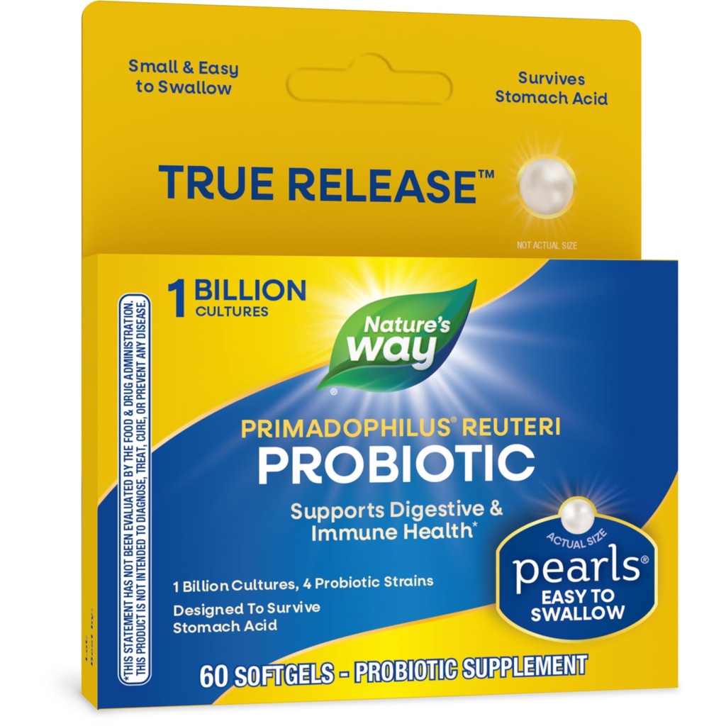 Nature's Way Primadophilus Reuteri Perles probiotiques pour les hommes et les femmes, santé digestive et immunitaire*, 1 Million de culture, 4 souches probiotiques, survive à l'acide estomac, 60 softgels