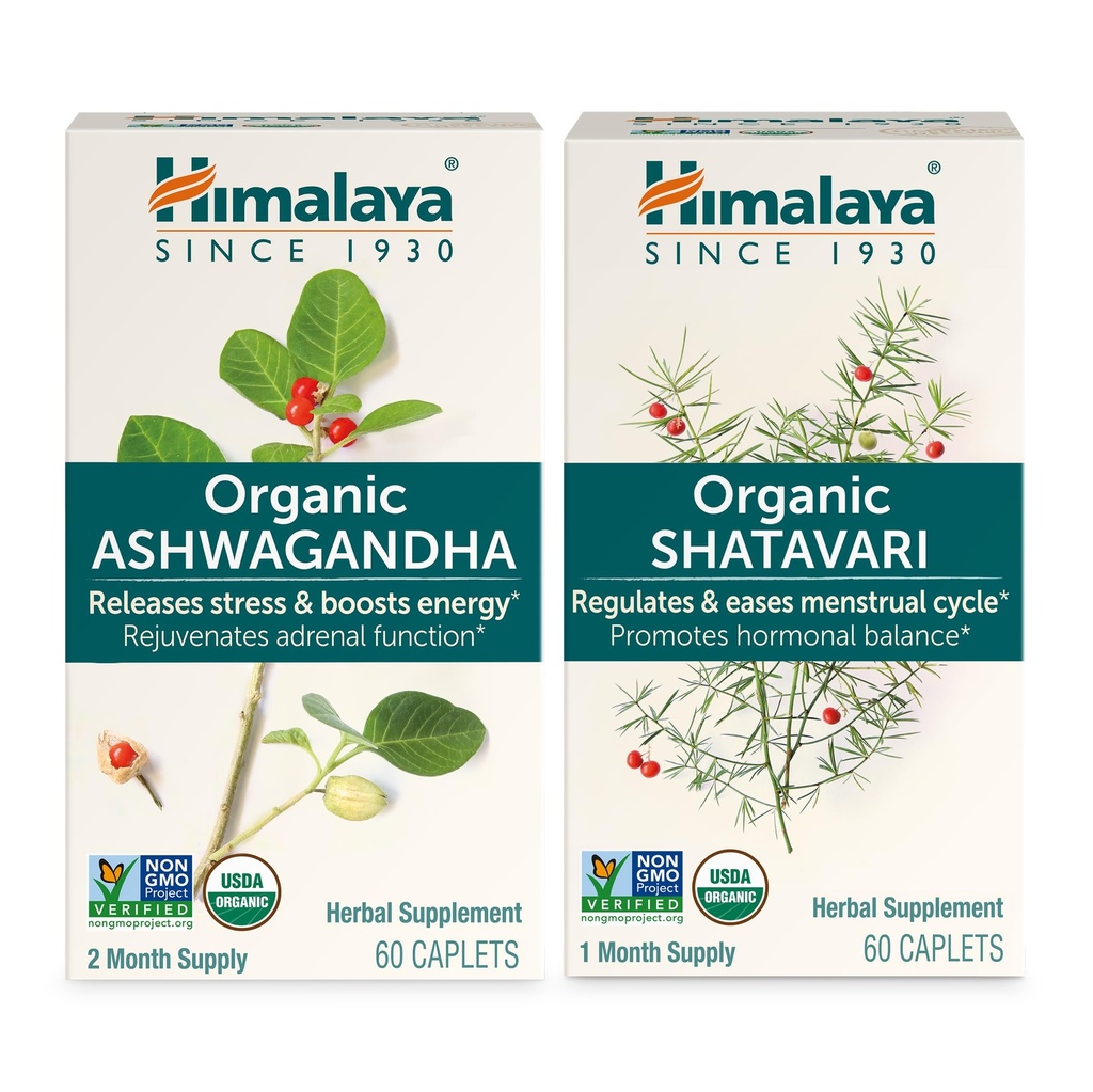 Himalaya Organic Ashwagandha for Energy Support Plus Organic Shatavari for PMS, Menstrual Cramp Relief & Ménopause Support, 60 capsules chacune – 2 produits