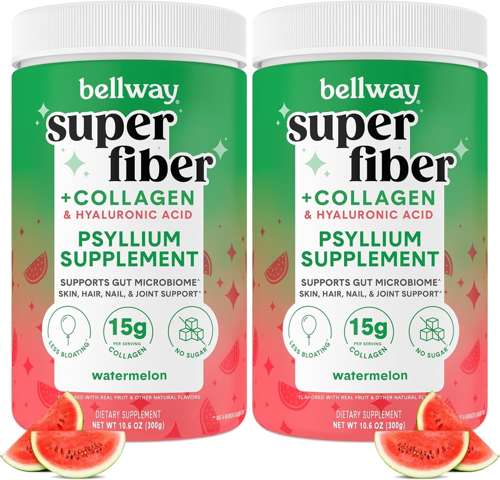 Bellway Super Fiber Powder + Collagen (2 Pack), Sugar-Free Psyllium Husk Pulver mit Collagen Peptides und Hyaluronsäure für Gut Gesundheit, Gesunde Haut, Nägel, Knochen & Gelenke, Wassermelone (21,2 oz)