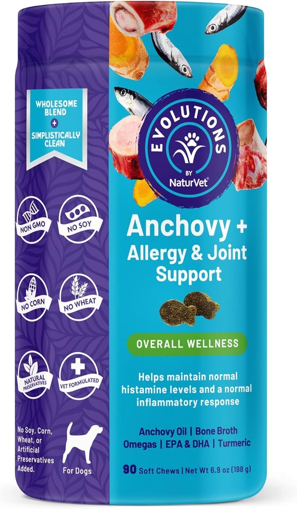 NaturVet Evolutions Anchovy + Allergy & Joint Support 90ct Soft Chews für Hunde - Anchovy Oil, Bone Broth - Hilft die Pflege normaler Histamin Levels - Hilft die Unterstützung normaler Entzündungsreaktionen