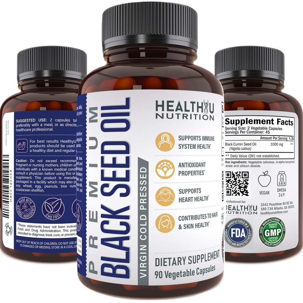 Premium Black Cumin Seed Oil Kapseln - Virgin Cold Pressed Nigella Sativa Schwarz Seed Öl Pillen - Immununterstützung Ergänzung - Omega 3 6 9 Vitamin E Blackseed für Nails Haar Haut 1000 mg p/Serving