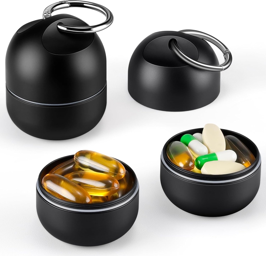 Zannaki Small Portable Single Pill Box Keychain - Metal Daily Travel Pill Organizer Fall, Wasserdichte Pille Halter Flasche, Süße Medizin Vitamin Supplement Container Träger für Tasche oder Geldbörse, Schwarz