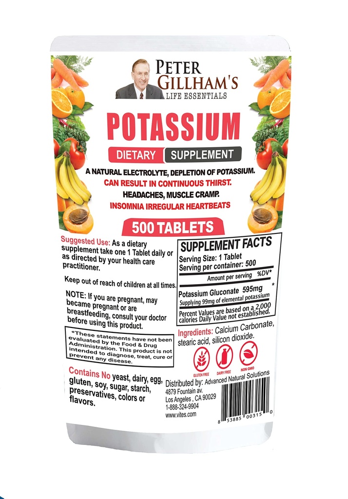 Peter GillhamS Life Essentials Potassium Gluconate comprimés 595mg, 500 comprimés, support Electrolyte Balance, Fabriqué aux États-Unis (Package May Vary)