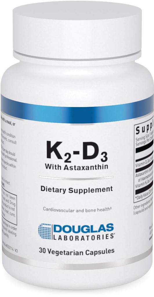 Douglas Laboratories K2-D3 avec l'astaxanthine - Soutien antioxydant pour les os, la fonction immunitaire et la santé vasculaire* - avec la ménaquinone-7 et la vitamine D - 30 capsules végétariennes