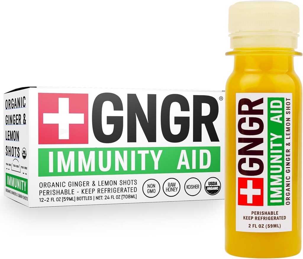 +GNGR Immunität Aid Organic Ginger, Lemon & Honey Shot - Kalt gepresste Ingwer Shots mit Echinacea, Zitronensaft, Honig, Zink & Vitamin D3, Immun & Verdauungsunterstützung 2 fl oz (Pack von 12)