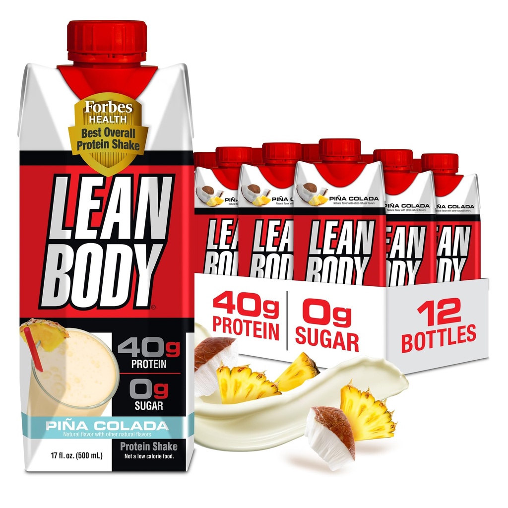 Lean Corps prêt à boire Pina Colada Protein Shake, 40g de protéines, mélange de lactosérum, 0 sucre, sans gluten, 22 vitamines et minéraux, 17 Fl Oz (paquet de 12)