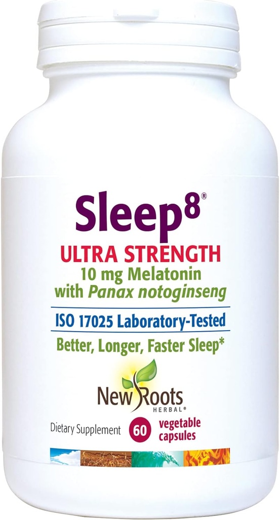 NEU ROOTS HERBAL Natural Sleep Supplement, 8-in-1 Ultra-Strenth Formel mit Passion Flower, Kamille, Hopfen, Panax Gingseng, Skullcap, Magnesium, 10 mg Melatonin (60 Veg Caps)