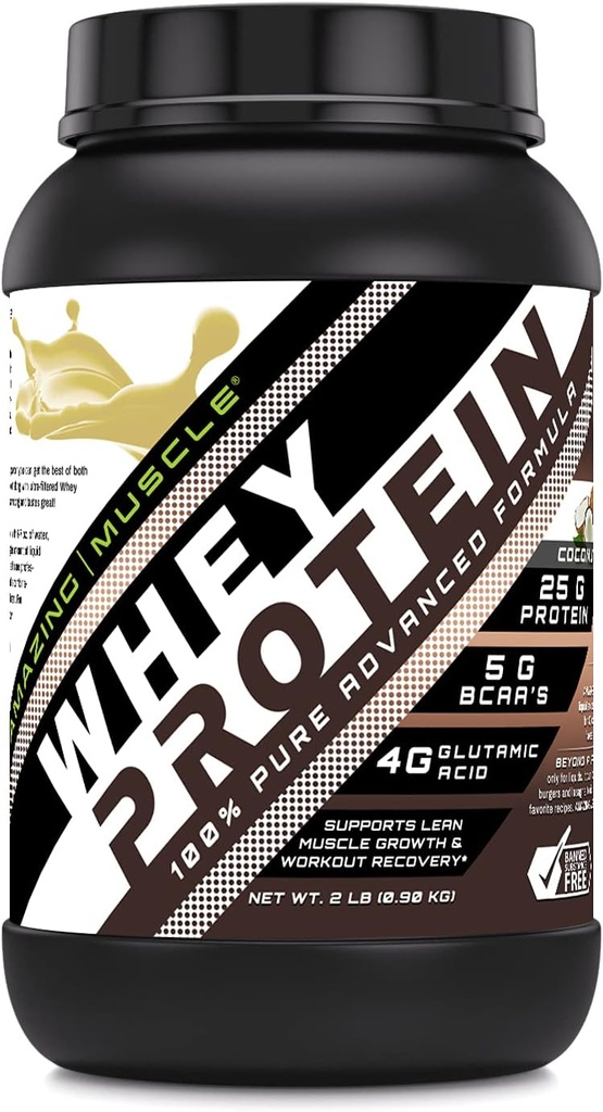 Erstaunlich Muskel Whey Protein Isolat & Konzentrat Ergänzung | Kokosnuss Geschmack | 25 G | 2 Lb (0.90 Kg) | Non-GMO | Gluten-Free | Made in USA