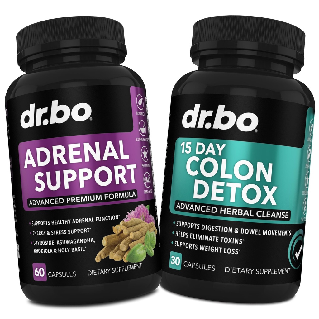 DR. BO Adrenal Support & Colon Cleanse Supplements - Adrenal Fatigue Supplement mit Ashwagandha & L Tyrosin - 15 Tage Darmreiniger Pillen für Bowel Movement Support & Gut Stomach Cleansing