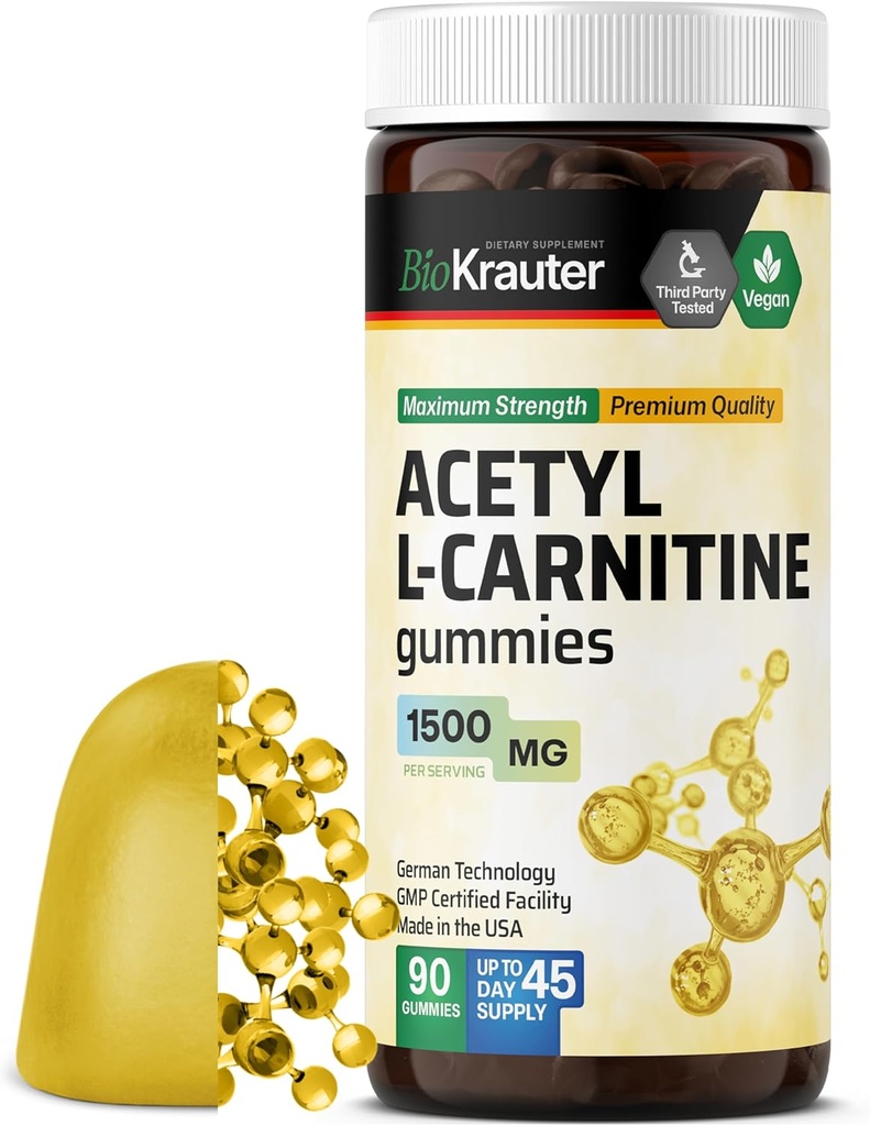 BIO KRAUTER Acetyl L Carnitine Gummies - 1500 mg Stärke - 90 Vegan Chews - Amino Acid Acetyl L Carnitine Supplement - Pectin-Based, Non-GMO