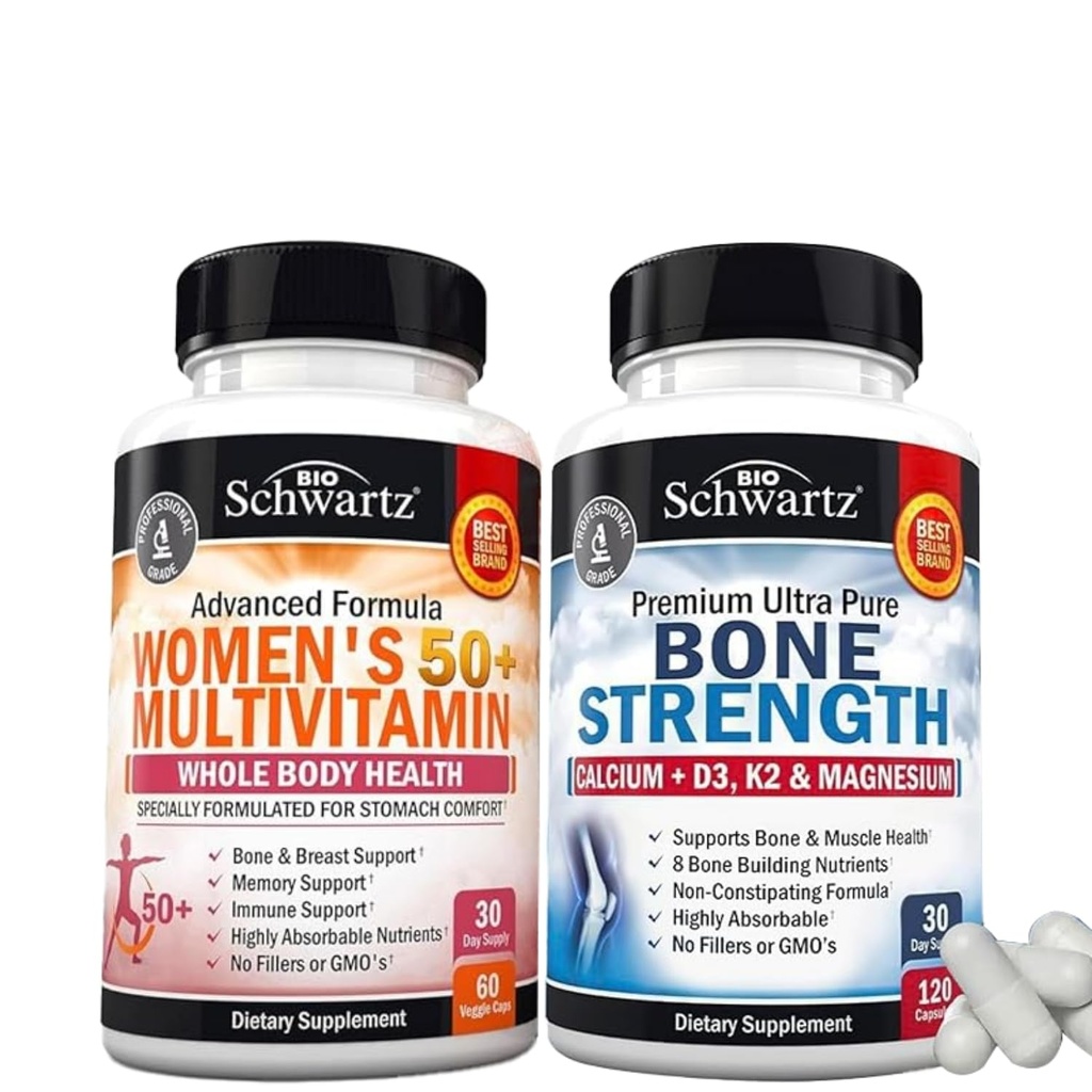 BioSchwartz Daily Multivitamin für Damen 50 & Over (1 Monat Versorgung) Plus Knochenstärke Mineralische Ergänzung mit Calcium und Magnesium (1 Monat Versorgung)