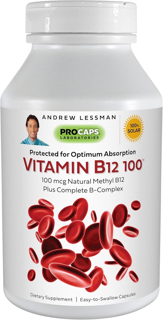 ANDREW LESSMAN Vitamin B12 100 360 Kapseln - Absorptionsgeschütztes Methylcobalamin (Natural Coenzym Vitamin B12), essentiell für Energie- und Stressunterstützung, Plus B-Komplex, einfach zu schlucken Kapseln