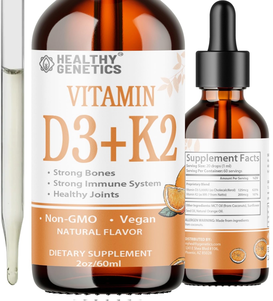 Flüssiges Vitamin D3 K2 Plus Vitamin K2 MK-7 | 5000IU Vitamin D Flüssige Tropfen | Knochen | Immune | Herzgesundheit | Erhöht Energie 2oz