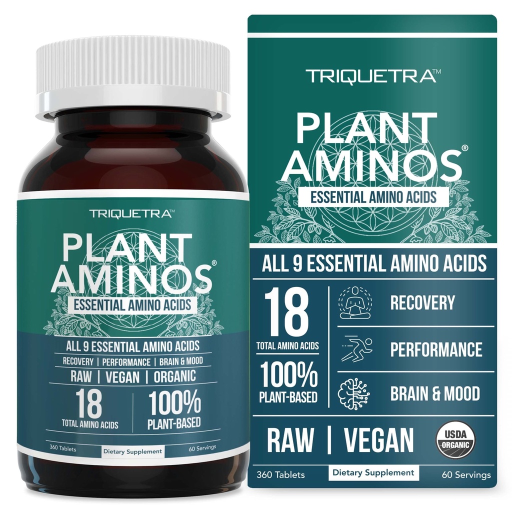 Plant Aminos Organic Essential Amino Acid Supplement (EAAs) & BCAA - 100% Pflanzenbasiertes Raw, Vegan - Alle 9 essentiellen Aminosäuren mit 18 totalen Aminosäuren (360 Tabletten)