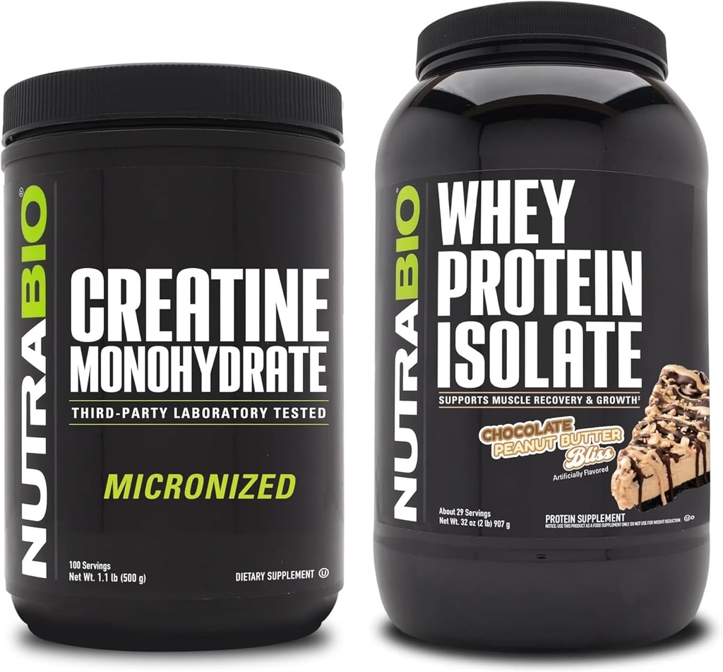NutraBio Creatine Monohydrate, Unflavored, 500g und Whey Protein Isolate, Schokolade Peanut Butter, Supplement Bundle - Muskelenergie, Lean Muskelwachstum, Erholung und Stärke