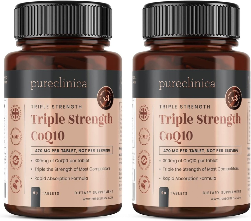 pureclinica Fermented CoQ10 300mg x 180 Tabletten (2 Flaschen von 90 Tabletten) - 6 Monate Versorgung. Nicht GMO, USP Grade. mit Vitamin C & Schwarz Pfeffer Extrakt zur Absorption hinzugefügt.