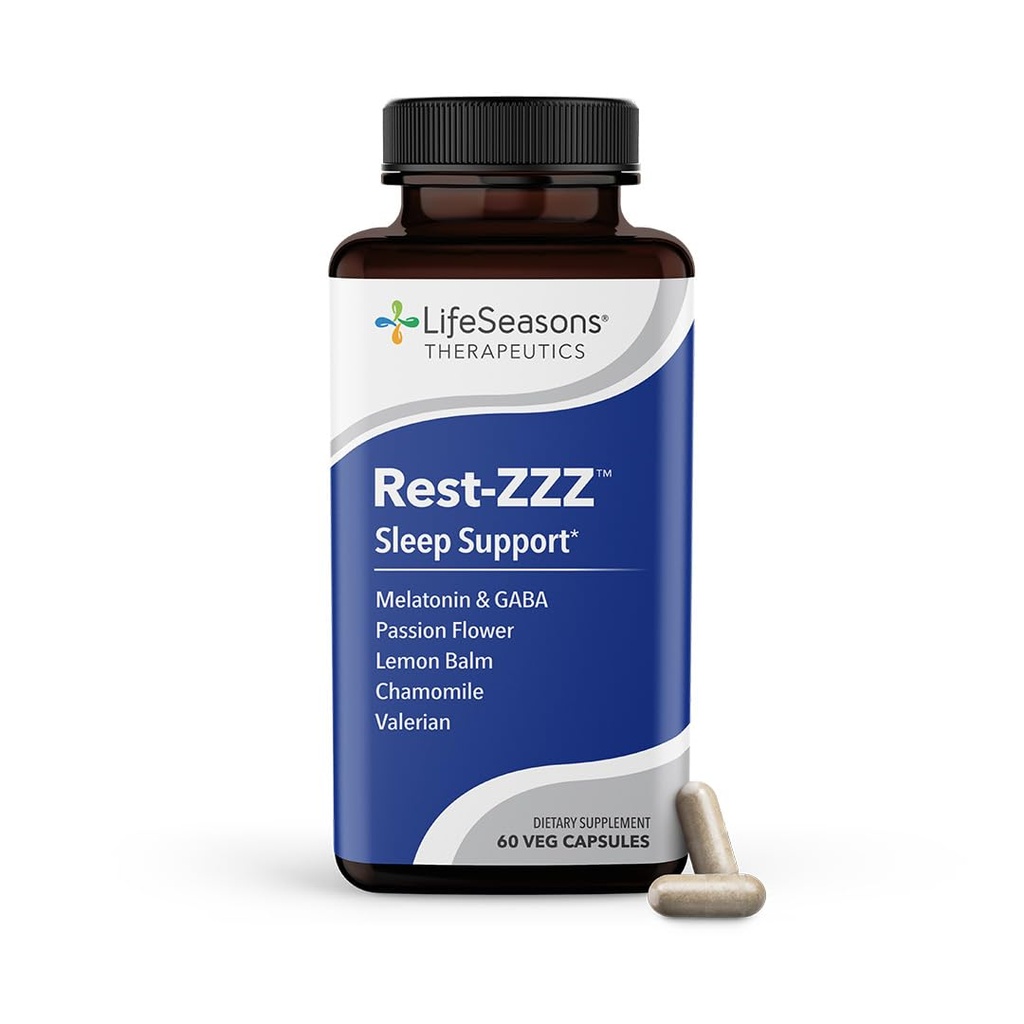 LifeSeasons Rest-ZZZ - Supplément de soutien naturel pour le sommeil - Sommeil d'automne et assommeil de séjour - Calme Système nerveux - Tension musculaire facile et agitation - Mélatonine à faible dose GABA et camomille - 60 capsules
