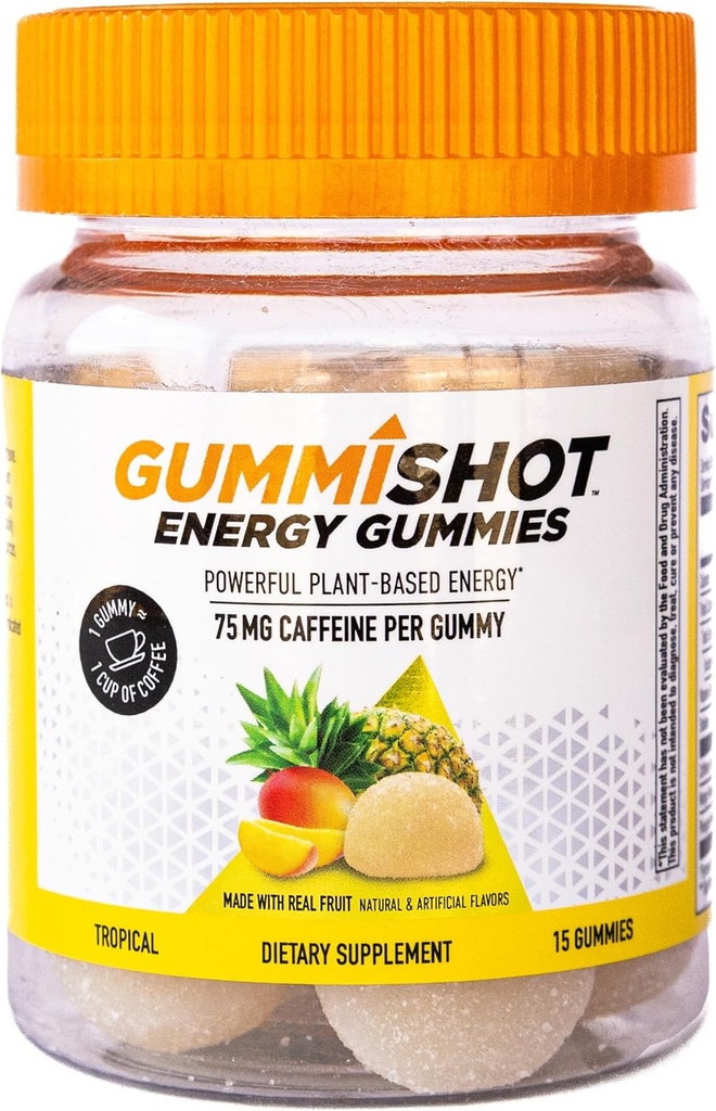 GummiShot Energy Gummies, 1125 mg pflanzenbasierte Koffein-Kauen pro Flasche, lang anhaltende Energie-Booster, Tropical (15ct)