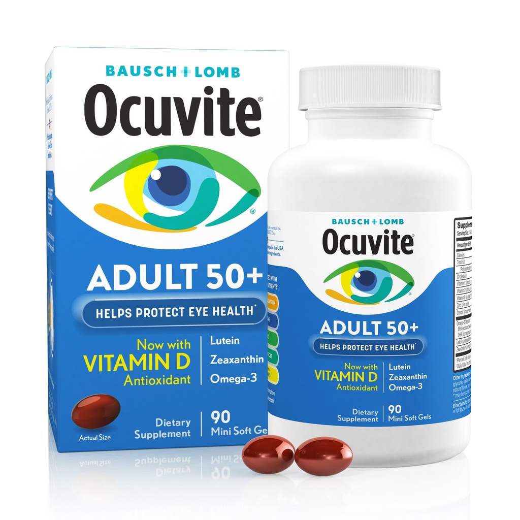 Ocuvite 50+ Eye Vitamin & Mineral Supplement, Multivitamin für Vision & Ocular Health mit Omega-3, Zink, Vitamine C & E, Lutein & Zeaxanthin, Zink Ergänzungen für Frauen und Männer, 90 Softgels