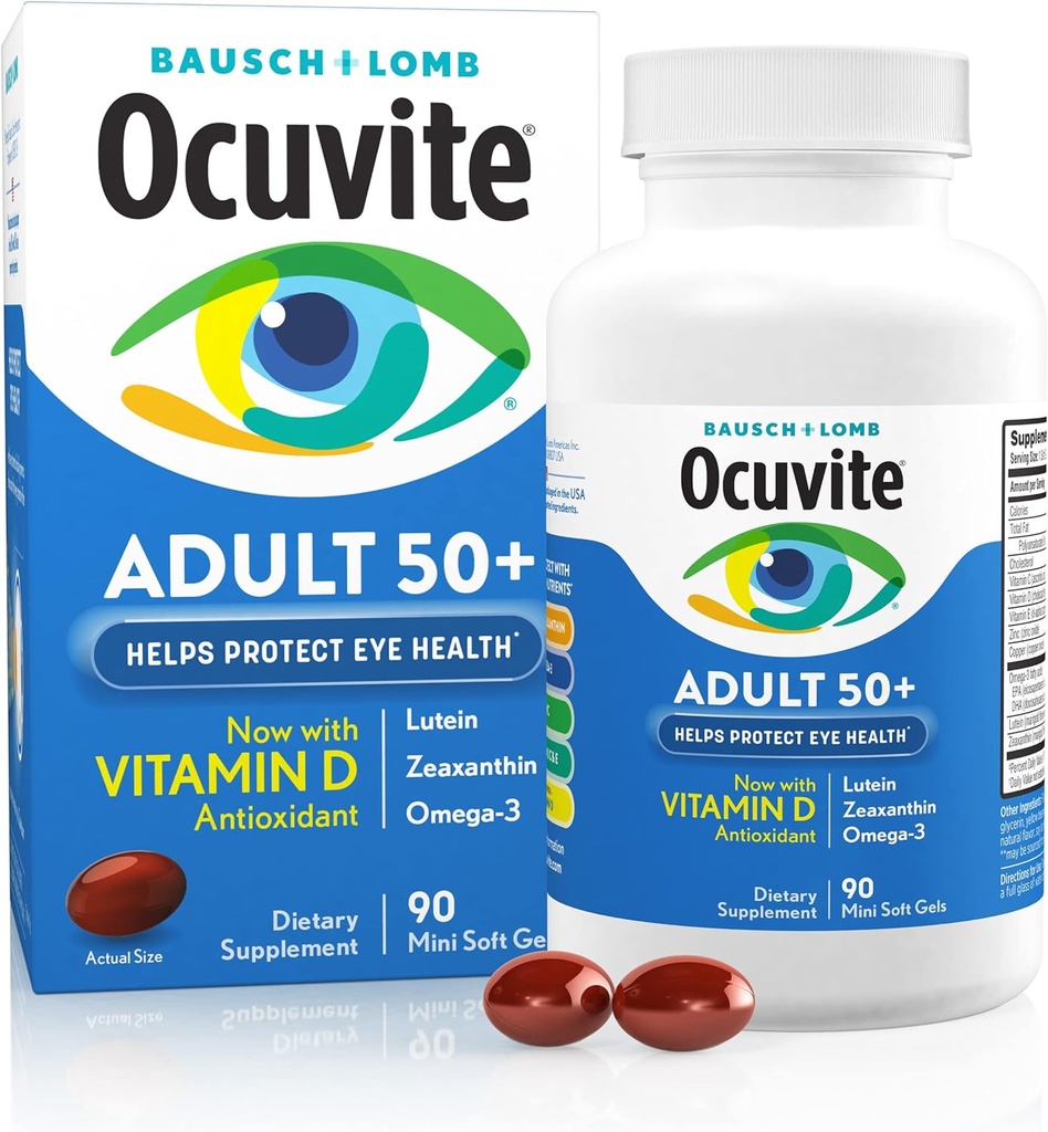 Ocuvite 50+ Eye Vitamin & Mineral Supplement, Multivitamin für Vision & Ocular Health mit Omega-3, Zink, Vitamine C & E, Lutein & Zeaxanthin, Zink Ergänzungen für Frauen und Männer, 90 Softgels