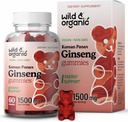 Wild & Organic Panax Ginseng Gummi 1500 mg - Korean Red Ginseng Supplement - Vegan, Non-GMO Root Powder Based Chews - 60 Count