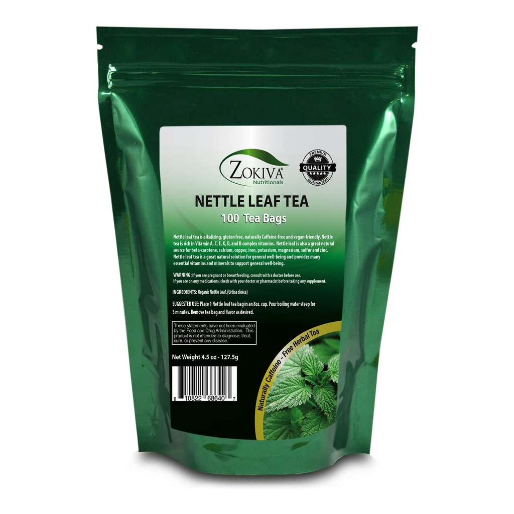 Zokiva Nutritionals - Nettle Leaf Tea Bags Mega Pack - 100 Premium Qualität Bequem Bio Kräutertee Bags - Koffeinfrei und Vegan-freundlich In einem wiederverschließbaren Stand Up Zip Lock Pouch