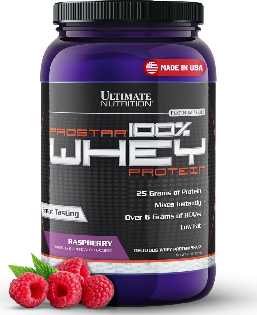 Ultimate Nutrition Prostar Whey Protein Powder Isolate, Raspberry - Low Carb, High Protein Powder Shake für Muskelaufbau & Recovery - Low Sodium, Low-Fat & Keto Friendly - 2 lbs Tub
