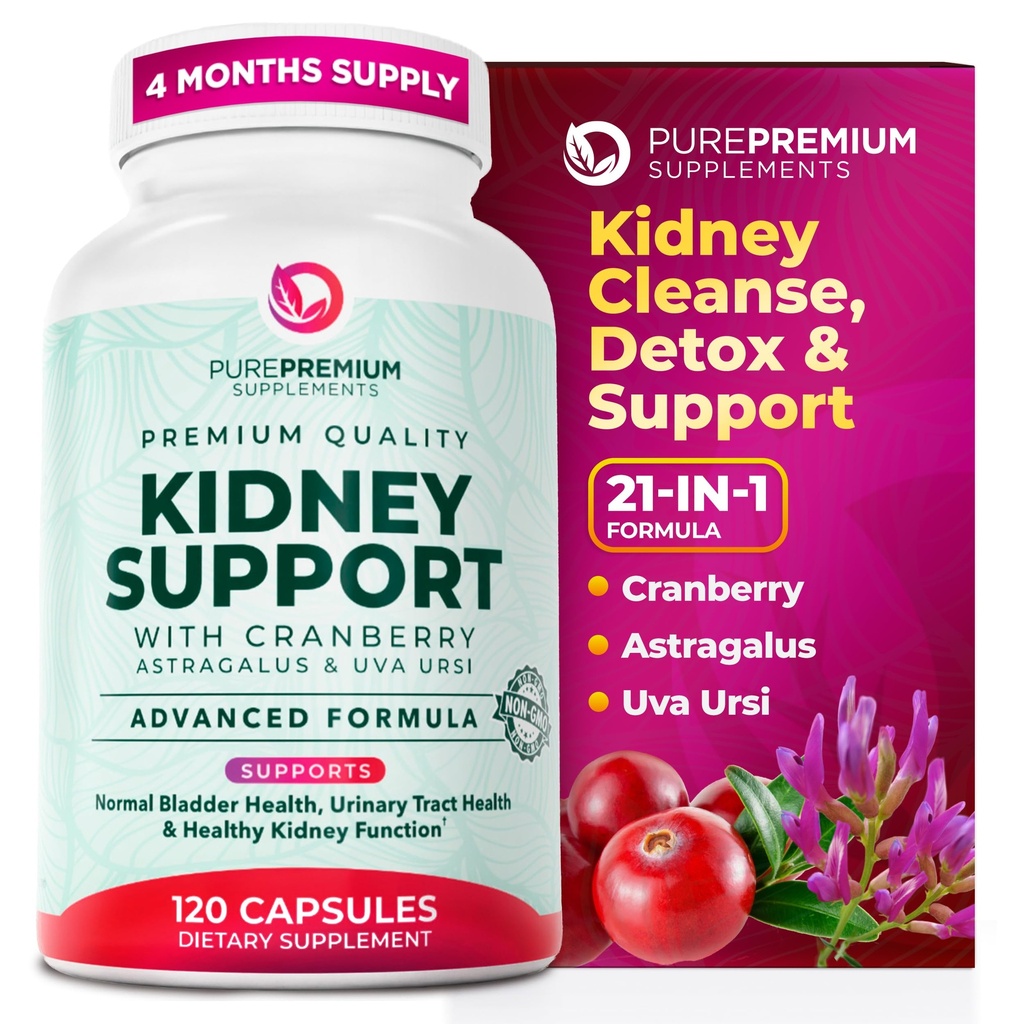PurePremium Kidney Support Supplement – Kidney Cleanse Detox & Repair mit Cranberry Extract & Astragalus - 21-in-1 Complex unterstützt normale Blase, Urinary Tract & Kidneys Health - 120 Tage Versorgung