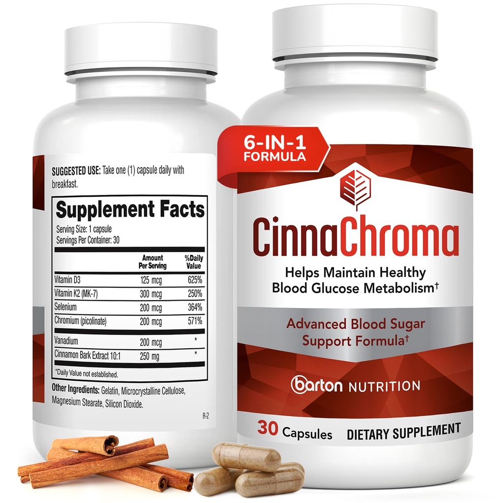 Capsules de CinnaChroma - Suppléments de cannelle avec 10:1 Extrait, Chrome, Vanadium, Sélénium, Vitamine D3 & K2 - Blocker de sucre naturel - 30 capsules, 1 mois d'approvisionnement