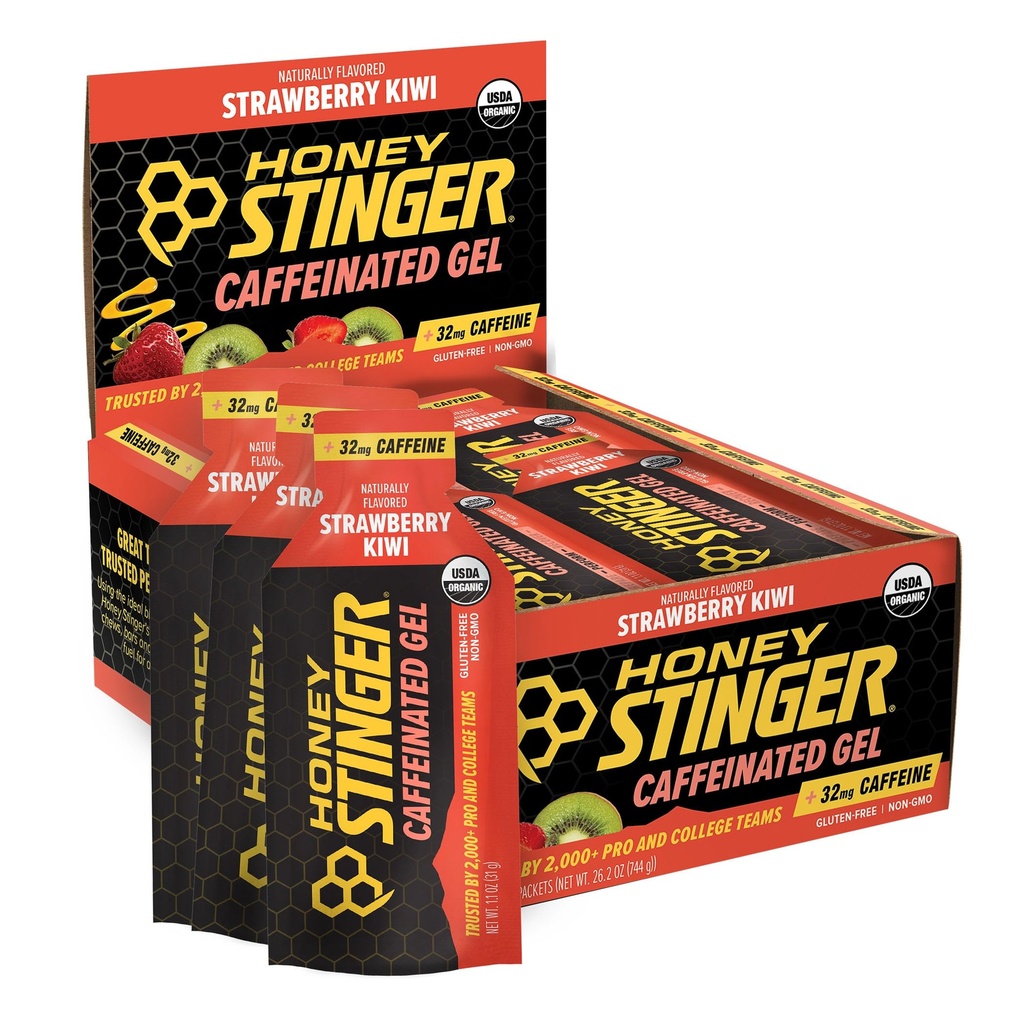 Honig Stinger Erdbeer Kiwi Energy Gel, Koffeiniert & Glutenfrei mit Bio-Honig, für Übung, Laufen und Performance, Sporternährung für Home & Gym, Pre und Mid Workout, 24 Pack
