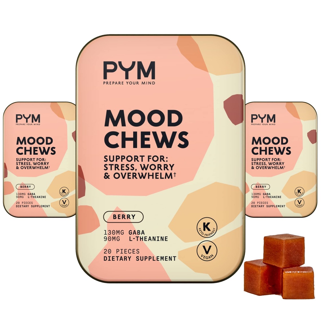PYM Berry Mood Chews Unterstützung für Stress, Worry & Overwhelm, 60 Count | 130mg GABA, 90mg L-Theanine | Vegan, Non-GMO, Gluten-Free, kein Hinzugefügt Zucker | All-Natural Mood Balance Supplement Made in USA