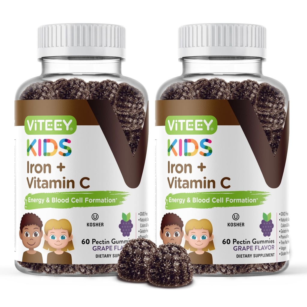 VITEEY Eisen für Kinder mit Vitamin C - Unterstützt Energie, Blutzellen-Formulierung, Blut Builder Anämie Kinder Eisen Nahrungsergänzungsmittel - Vegan, Gelatin kostenlos, Glutenfrei - Tasty Chewable Grape Flavored Gummy