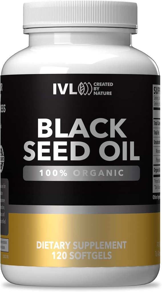 IVL - Huile de graines noires organiques - 120 Capsules de softgel - (1000mg par portion) - Huile de graines de Nigella Sativa pressée à froid pur - Oméga 3 6 9, Antioxydants, Thymoquinone - Capsules liquides d'huile de graines noires