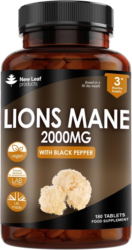 Neue Blatt Produkte Lions Mane Mushroom Extract Supplement 2000mg - 180 High Strength Vegan Tabletten mit schwarzem Pfeffer - (Nicht Pulver oder Kapseln) Made in UK